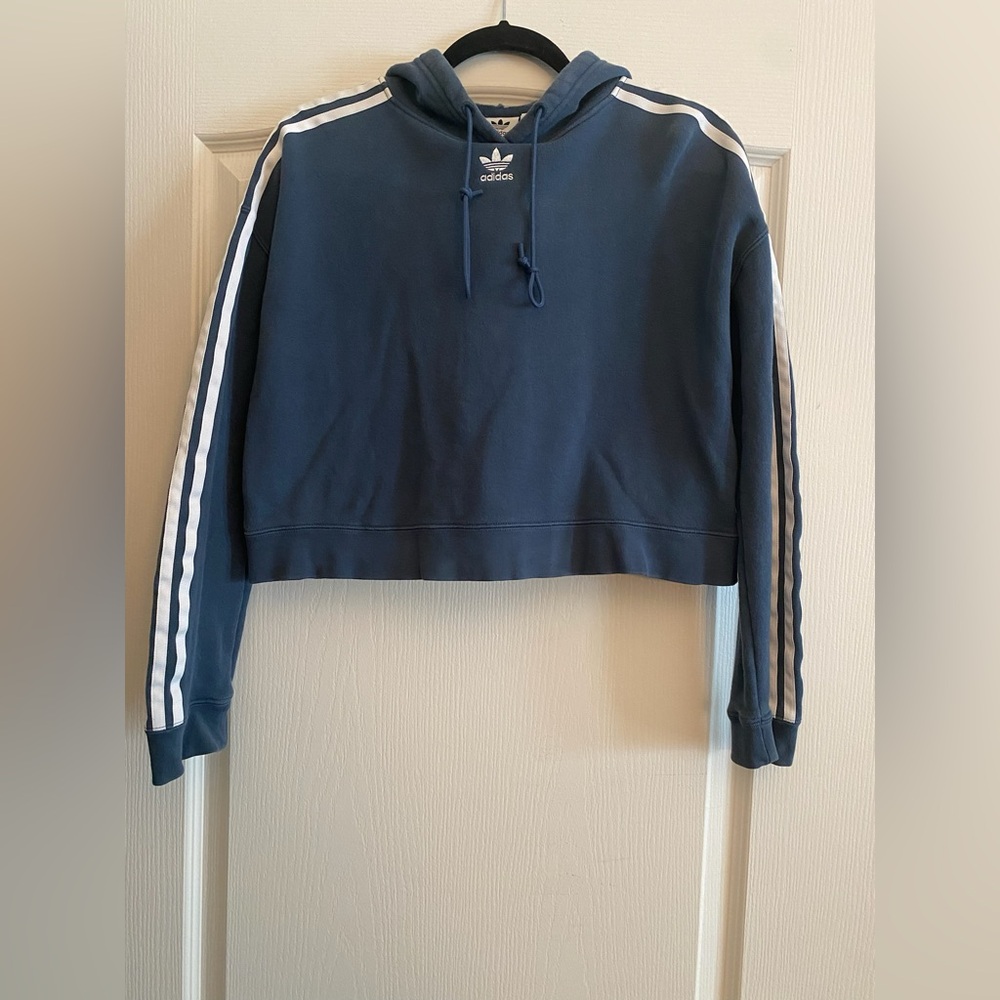Adidas Blue Crop Crew Neck Sweater with Iconic Stripes